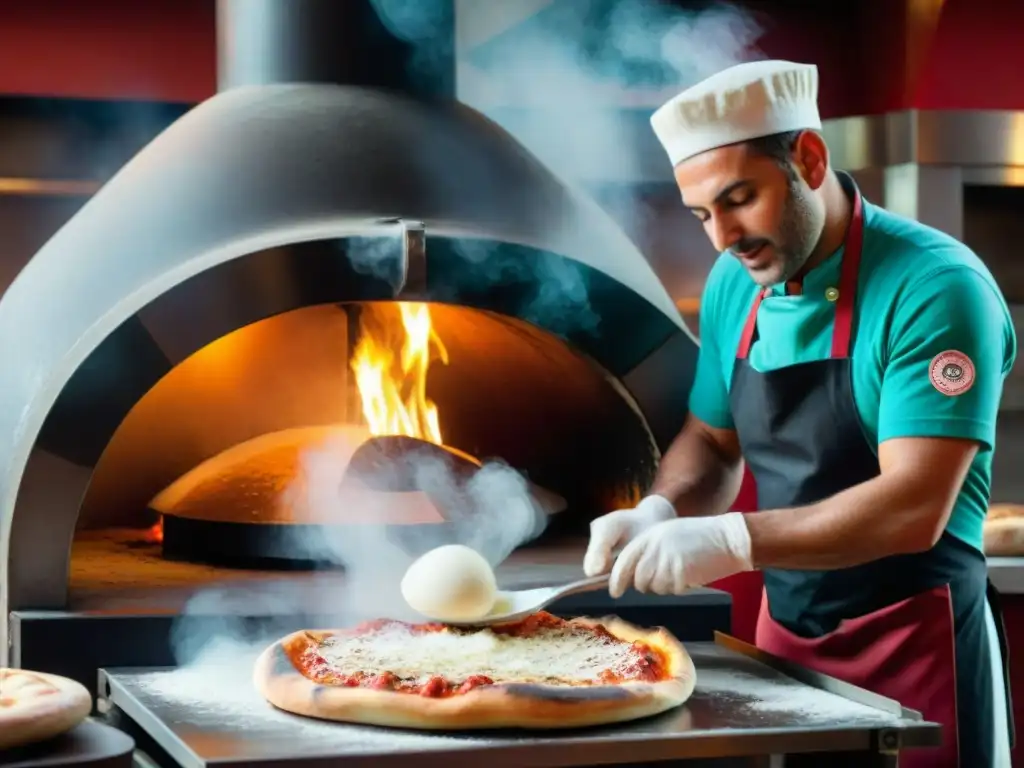 Transformación de la pizza en gastronomía: Pizzaiolo experto preparando una tradicional pizza napolitana en pizzería italiana