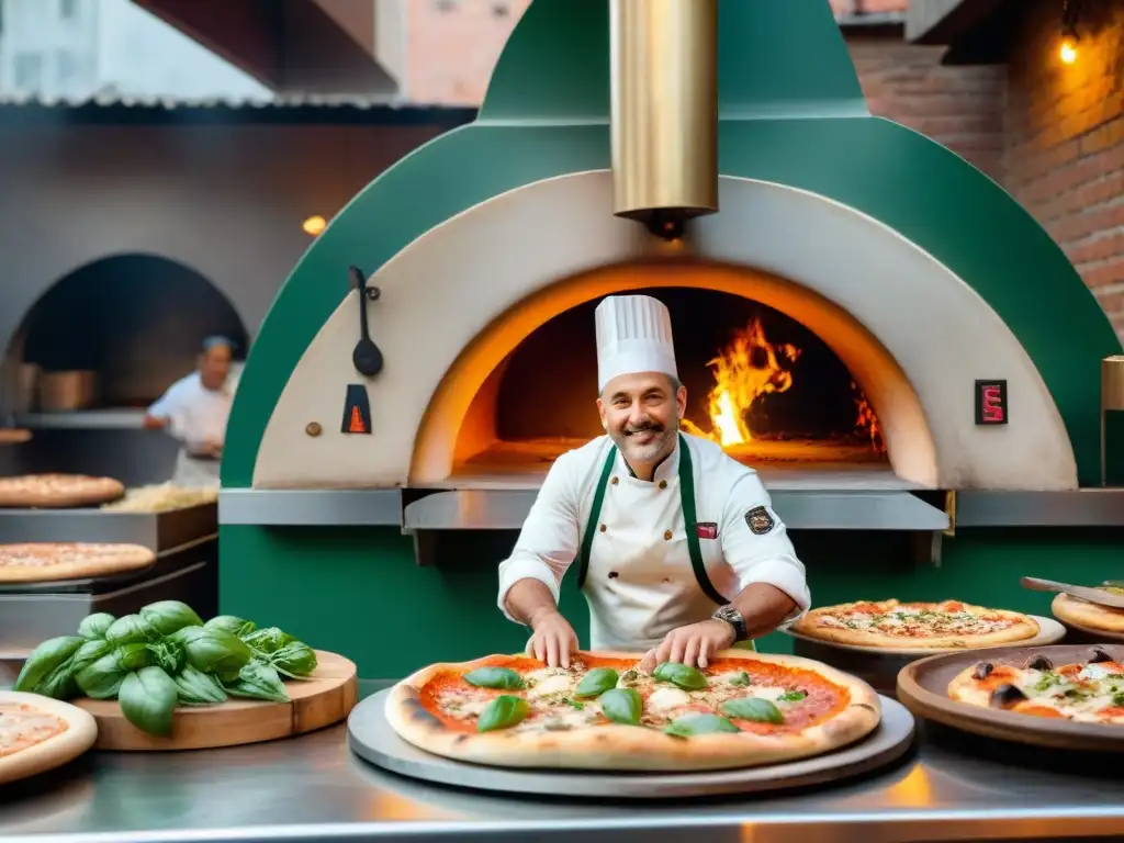 Transformación de la pizza en gastronomía: Una pizzería italiana tradicional llena de vida, con chefs lanzando masa al aire y clientes disfrutando de exquisitas pizzas gourmet