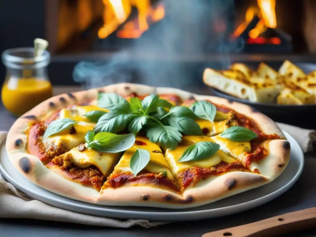 Una pizza recién horneada con curry amarillo, pollo tikka, queso mozzarella y cilantro, en una cocina italiana moderna