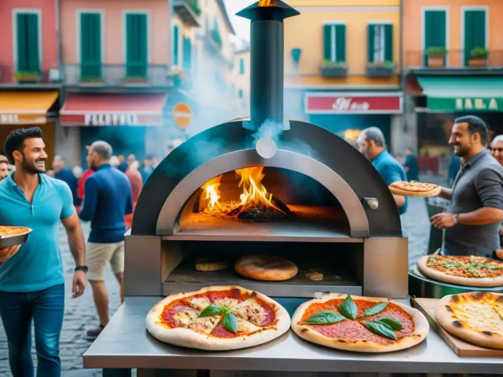 Pizza italiana comida callejera en un bullicioso mercado de Nápoles, con un pizzaiolo lanzando masa al aire y clientes entusiasmados