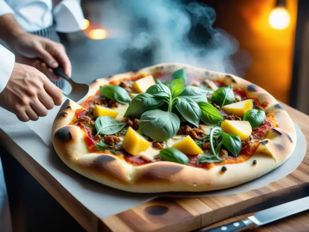 Una pizza italiana moderna con sabores innovadores: curry, piña, prosciutto y rúcula, en una masa al horno