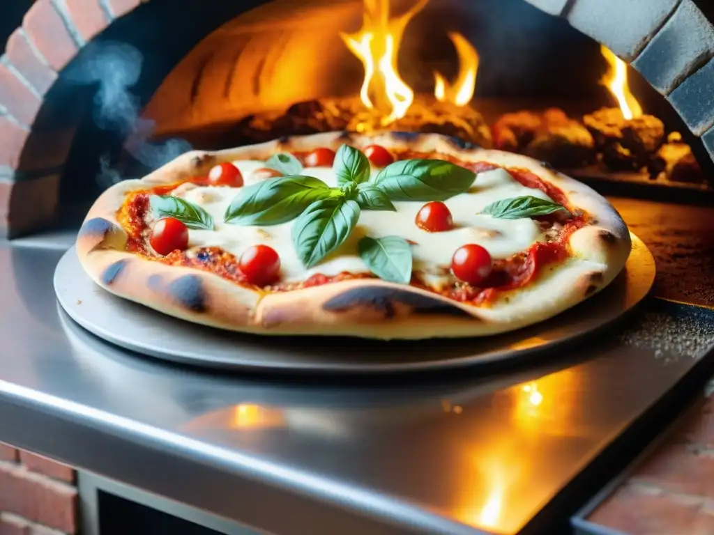 Una pizza italiana tradicional horneándose en horno de leña con los mejores quesos italianos para pizza, chisporroteando y con ingredientes frescos