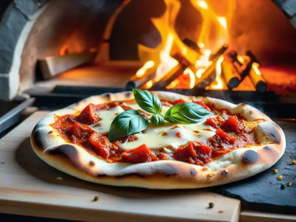 Una pizza italiana tradicional se desliza en un horno de piedra para pizza, destacando los colores vibrantes y la artesanía