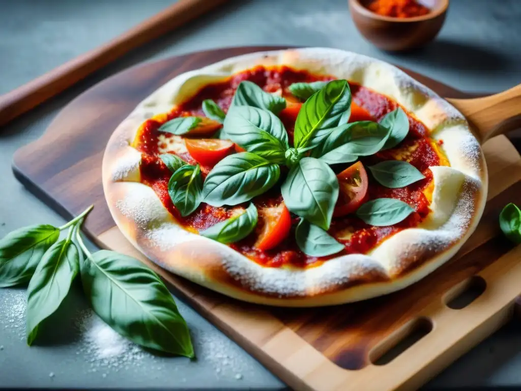 Una pizza con kimchi receta: tabla de madera con harina, kimchi rojo y albahaca verde, colores y texturas vibrantes