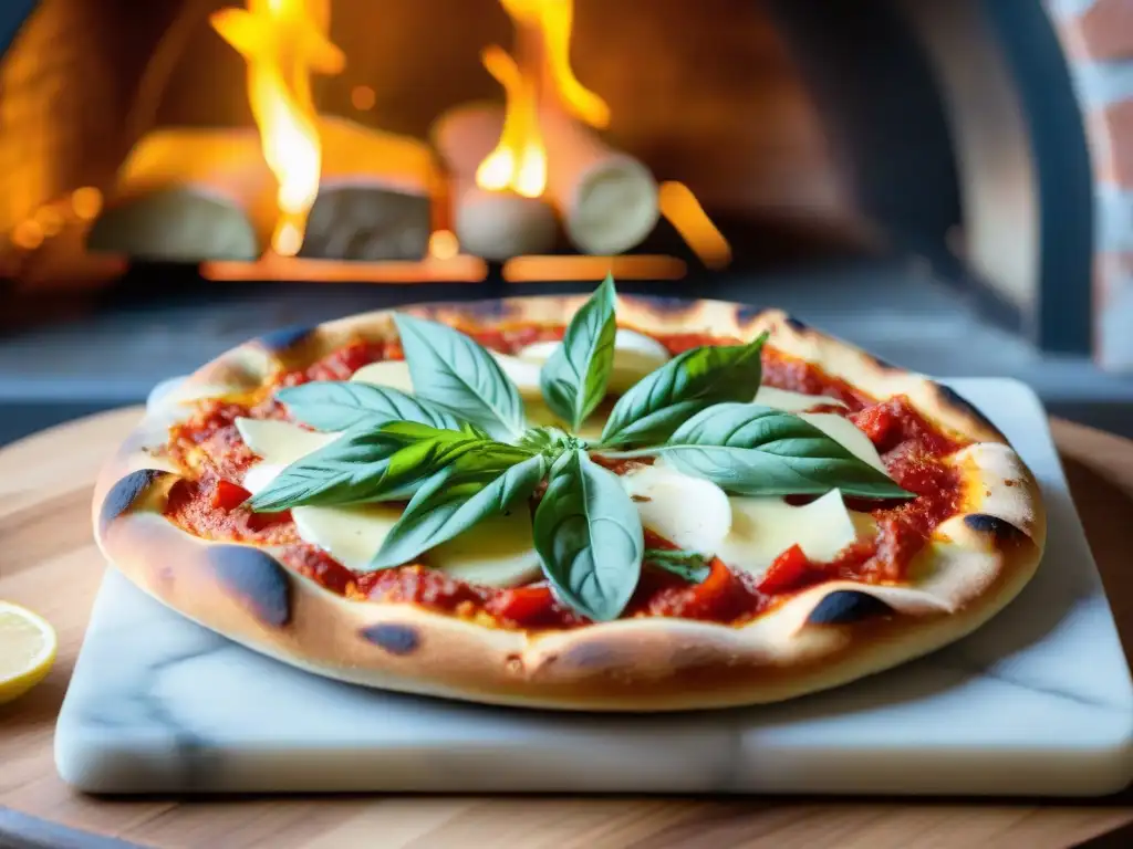 Pizza napolitana recién horneada en horno de leña sobre piedras de hornear para pizza