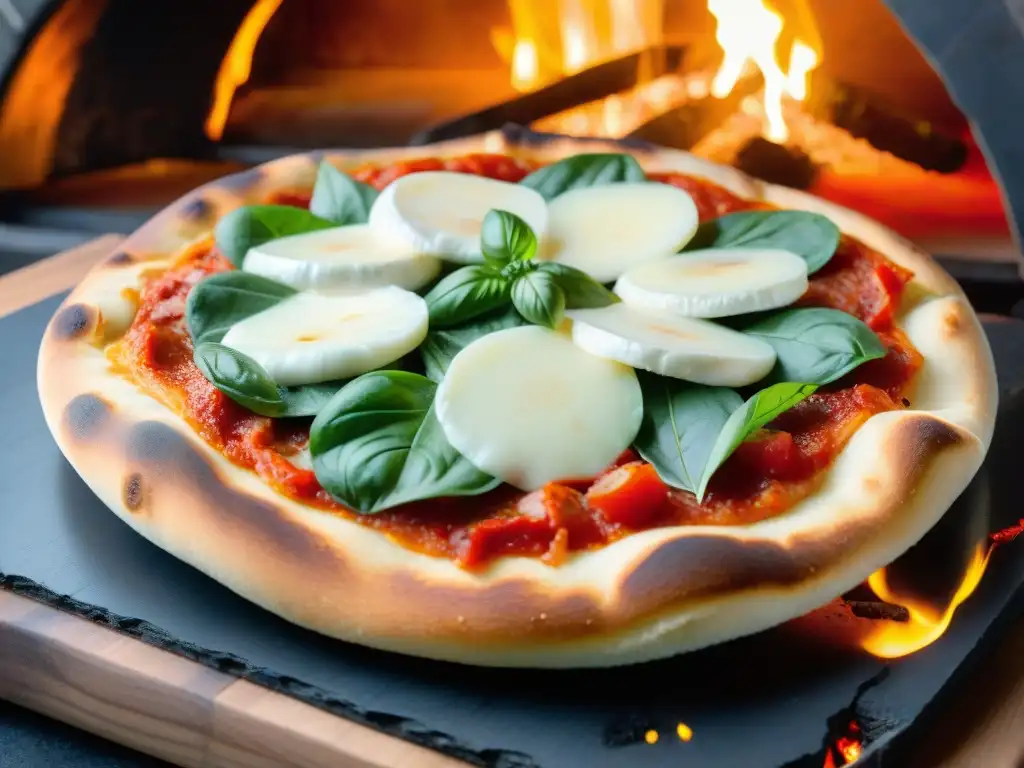 Pizza napolitana recién horneada en pala de madera, con bordes tostados