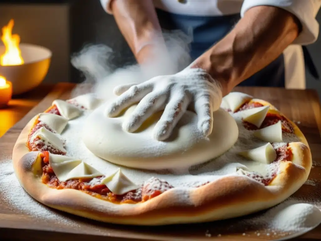 El hábil chef de pizza desvela los secretos para preparar pizza napolitana mientras estira la masa con destreza