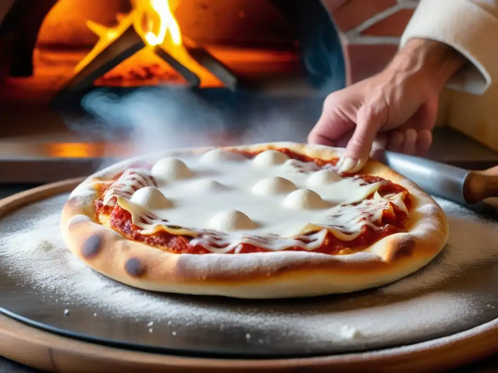Un pizzaiolo experimentado estira la masa de pizza con destreza frente al horno de leña