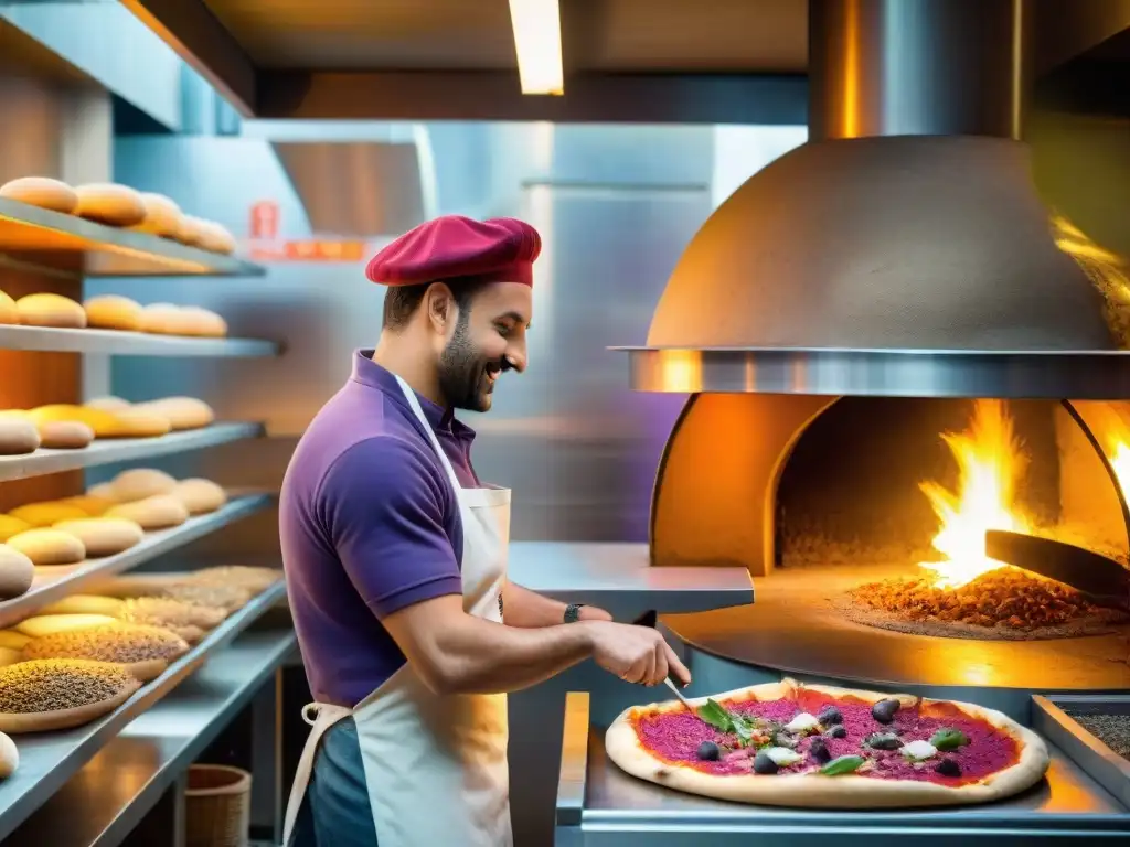 Un pizzaiolo experto en una animada cocina de pizzería italiana, rodeado de ingredientes exóticos para pizza