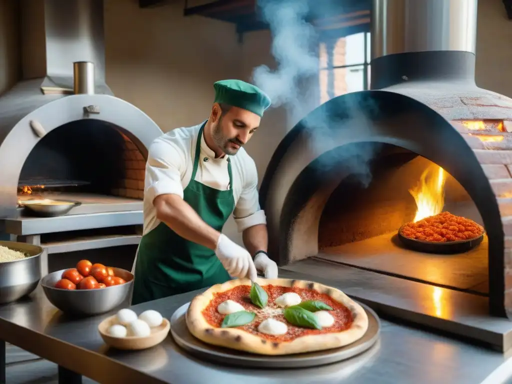 Un pizzaiolo experto preparando una auténtica pizza napolitana en una bulliciosa pizzería italiana