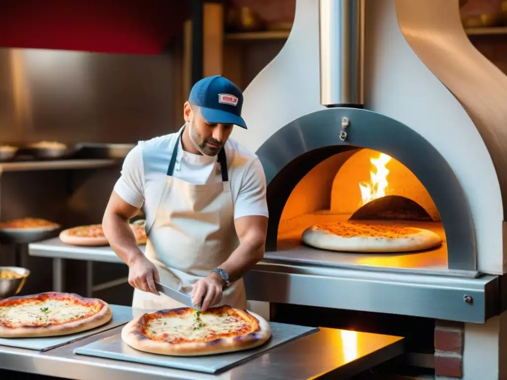 Un pizzaiolo experto en una bulliciosa pizzería italiana tradicional