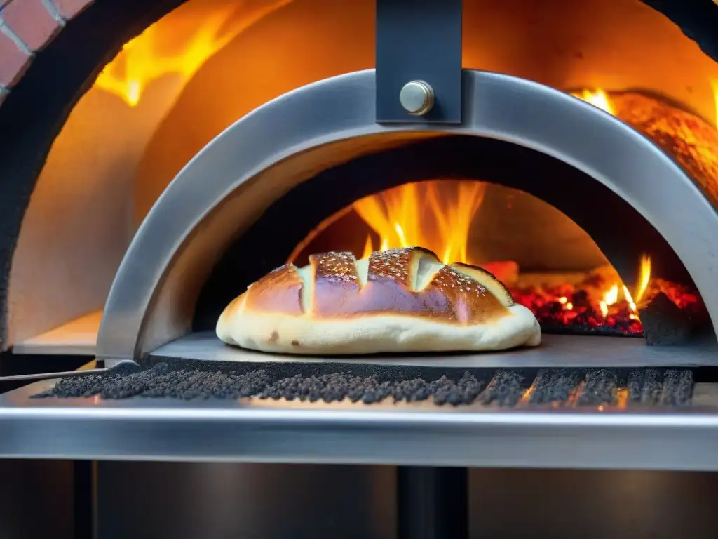 Un pizzaiolo experto coloca un calzone italiano en horno de leña