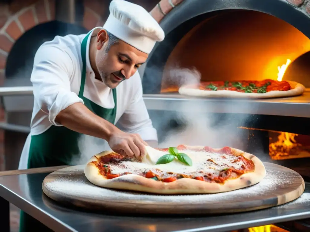 Un pizzaiolo experto en cocina molecular transformando pizza italiana, con ingredientes frescos y horno de leña al fondo