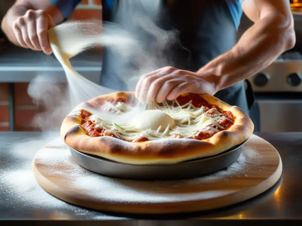 Un pizzaiolo experto despliega sus habilidades creando la pizza perfecta con técnicas expertas