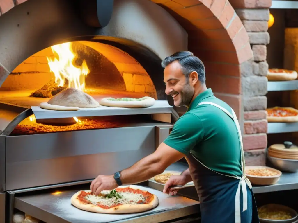 Un pizzaiolo experto en Nápoles, Italia, moldea la masa con destreza en una animada pizzería, mostrando la historia de la pizza napolitana