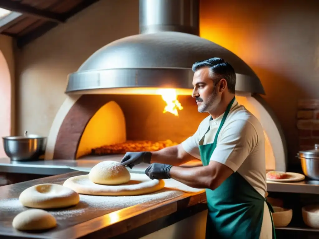 Un pizzaiolo experto estira masa fresca en una pizzería tradicional en Nápoles