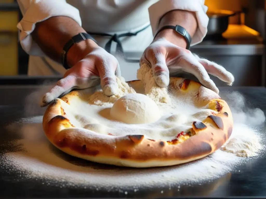 Un pizzaiolo experto estira masa con movimientos precisos en una cocina tradicional italiana