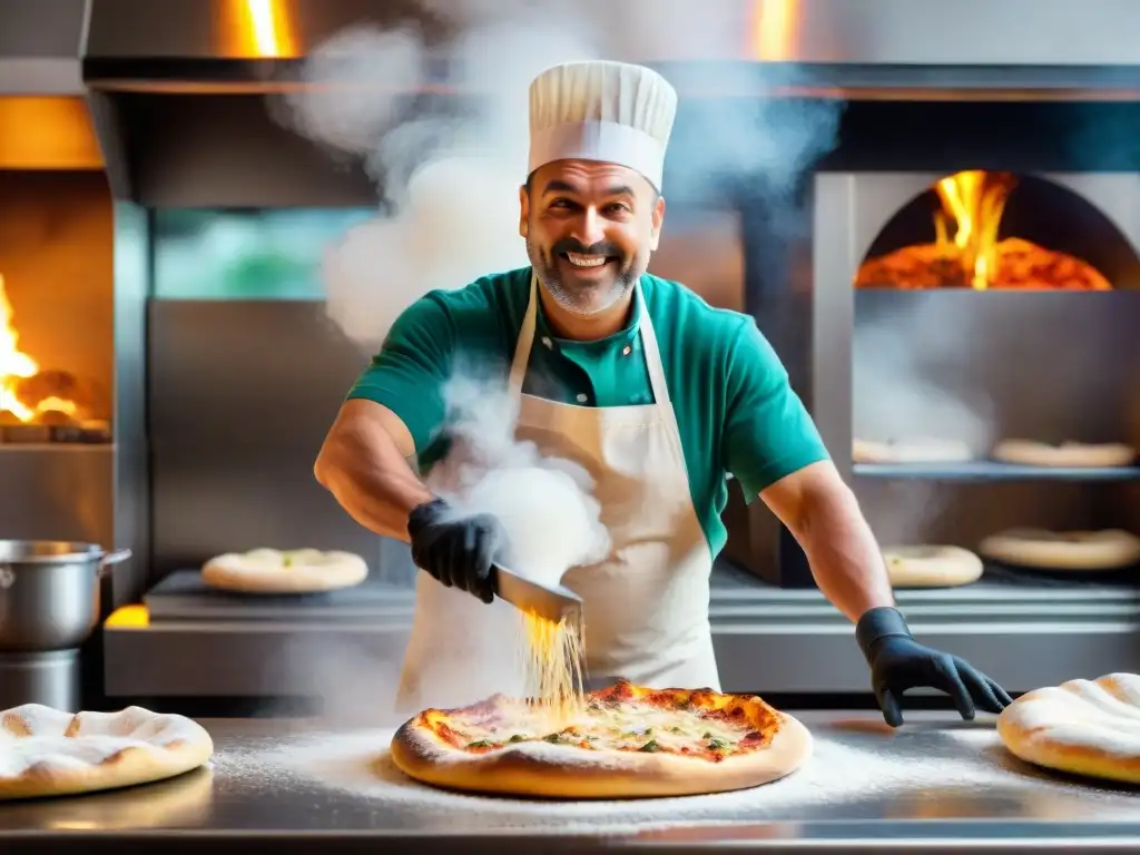 Un pizzaiolo experto lanza masa de pizza al aire en una pizzería bulliciosa