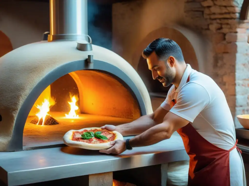 Un pizzaiolo experto en Nápoles, Italia, lanzando la masa de pizza a mano frente a un horno de leña