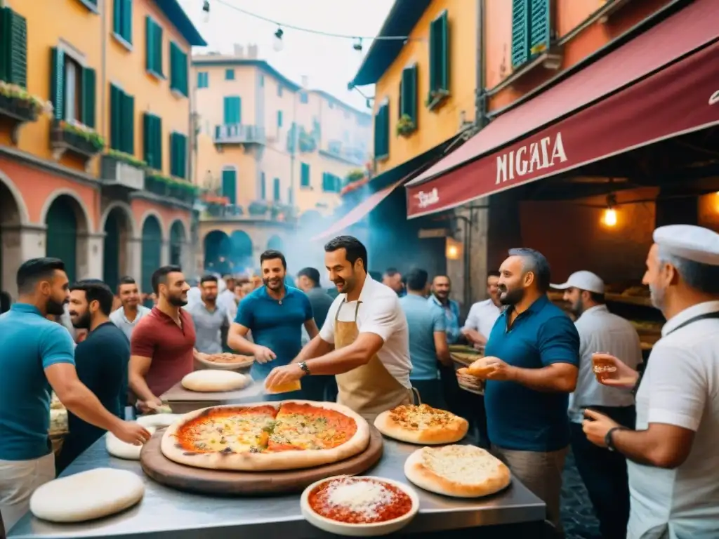 Un pizzaiolo experto en Nápoles, Italia, lanzando masa de pizza, rodeado de clientes ansiosos