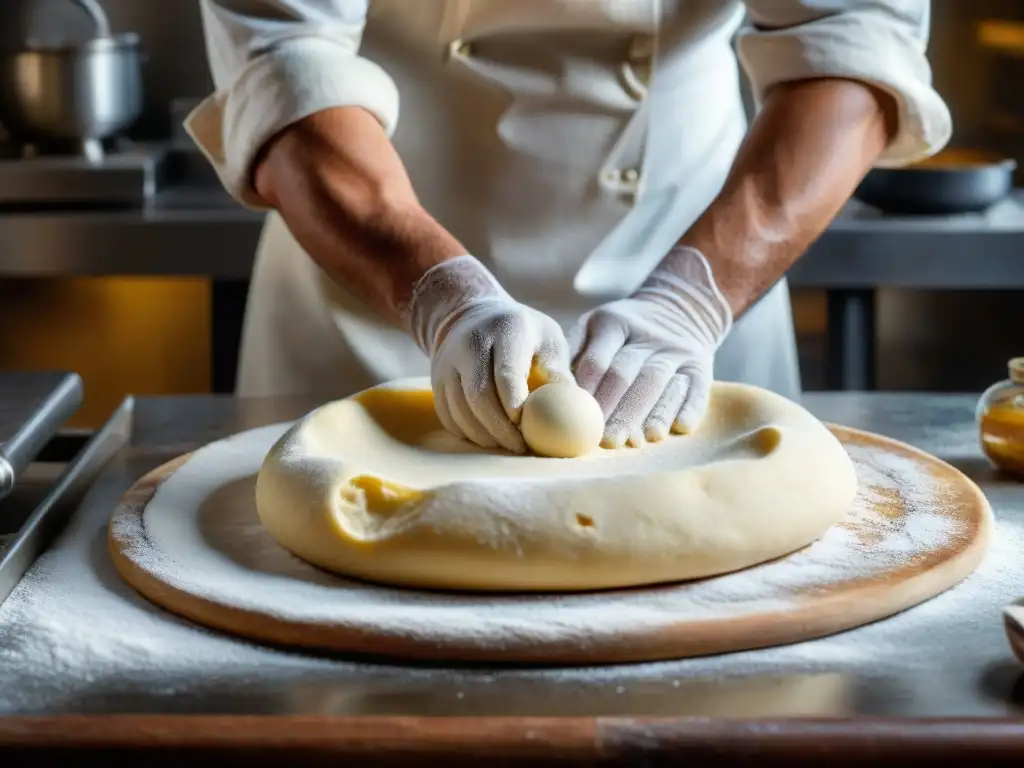 Un pizzaiolo experto moldea la masa de pizza napolitana, resaltando la historia pizza napolitana auténtica