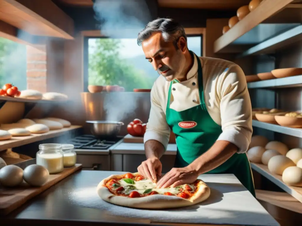 Un pizzaiolo experto estira masa de pizza en una cocina rústica, rodeado de ingredientes italianos tradicionales