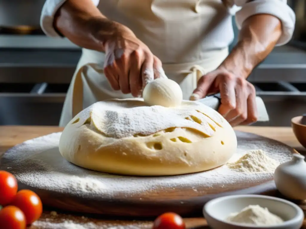 Un pizzaiolo experto moldea la masa para pizza al taglio romana con técnica y pasión en cocina italiana tradicional