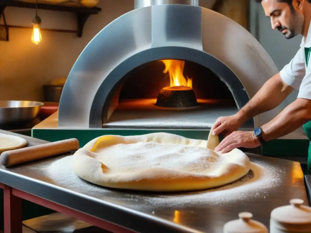 Un pizzaiolo experto moldea la masa en una pizzería tradicional en Nápoles