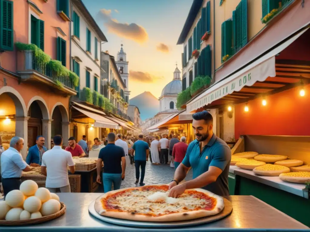 Un pizzaiolo experto en Nápoles prepara pizza frita rodeado de ingredientes frescos