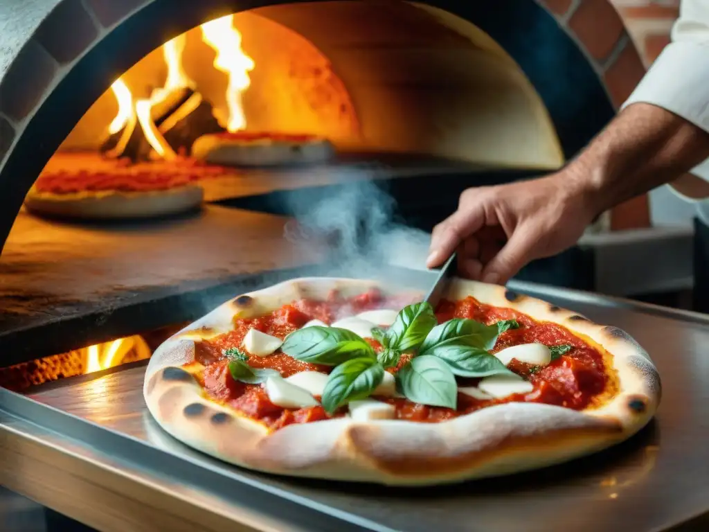 Un pizzaiolo experto crea una pizza napolitana en una animada pizzería en Nápoles, Italia, reflejando la historia y evolución multicultural de este icónico plato