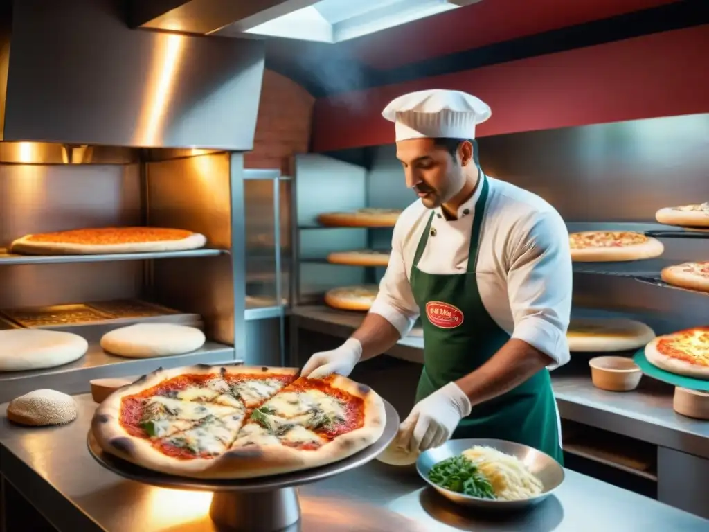 Un pizzaiolo experto elabora pizzas en una animada pizzería italiana; la imagen refleja la esencia de la 'Internacionalización de la pizza cultural'