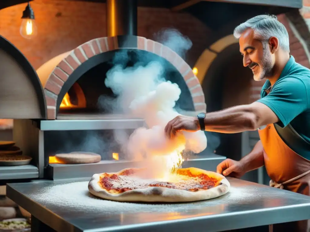 Un pizzaiolo experto en una pizzería familiar napolitana, capturando la esencia de la historia pizza napolitana tradición