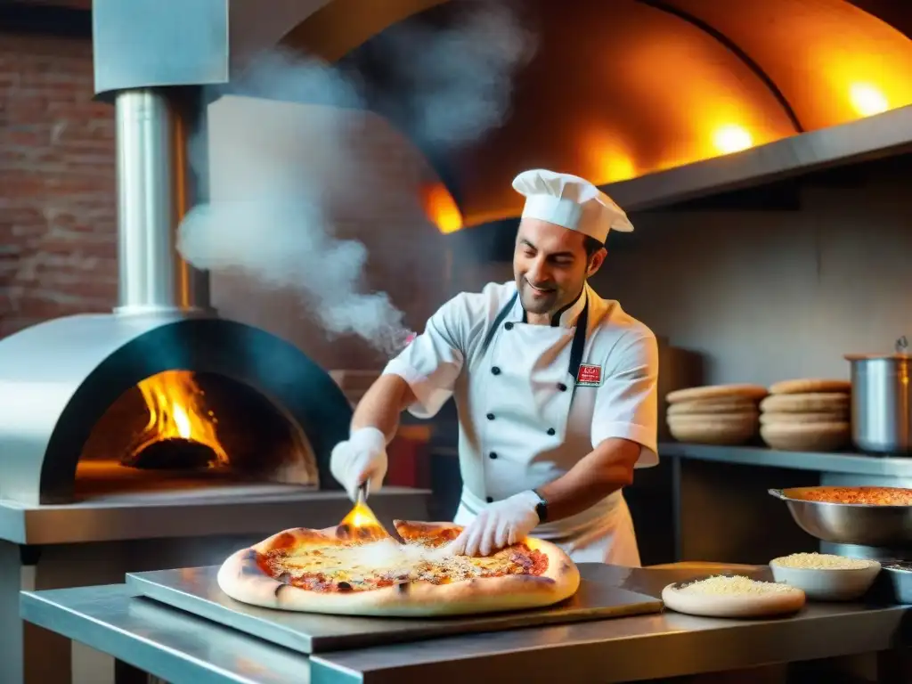 Un pizzaiolo experto en una pizzería italiana tradicional, creando pizzas saludables estilo italiano con destreza y pasión