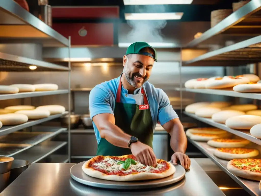 Un pizzaiolo experto en una pizzería tradicional italiana, innovando con destreza la pizza en el aire