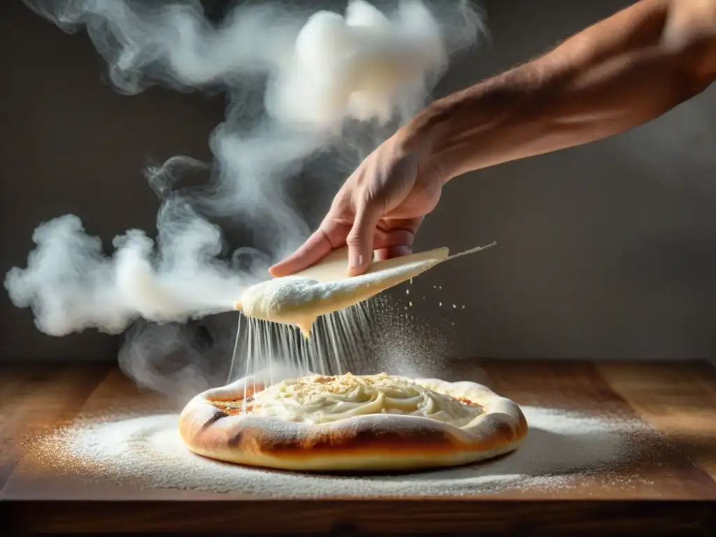 Un pizzaiolo experto en plena acción, estirando masa en el aire con destreza, rodeado de partículas de harina