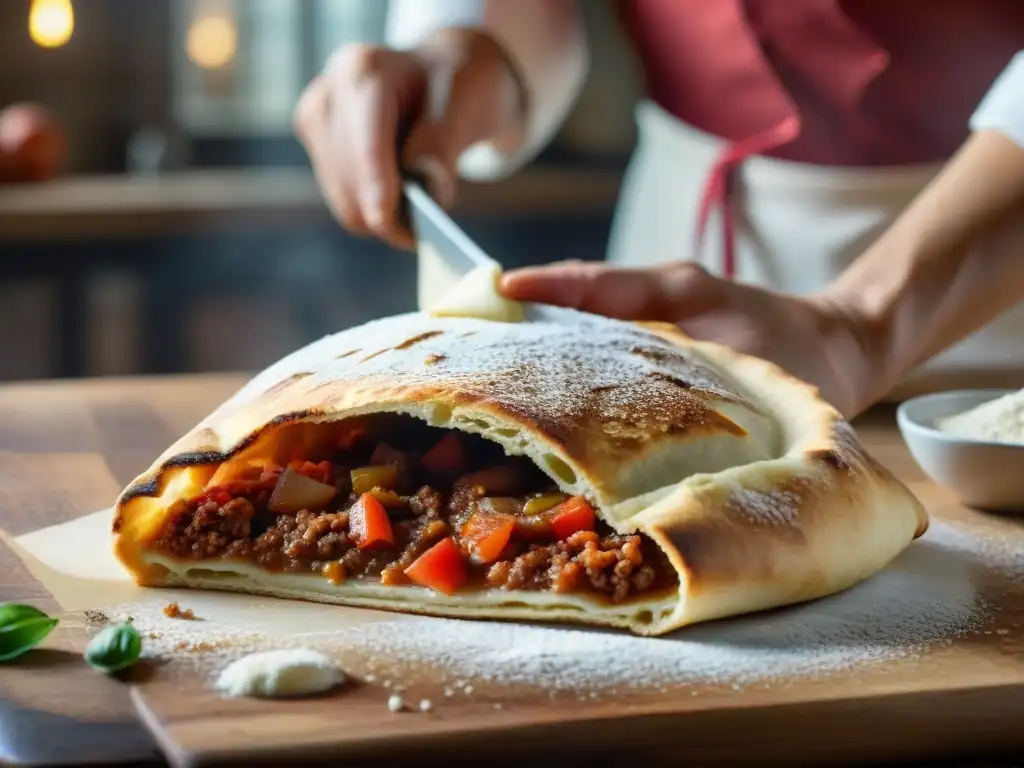 Un pizzaiolo italiano experto sellando un calzone recién hecho en una cocina rústica