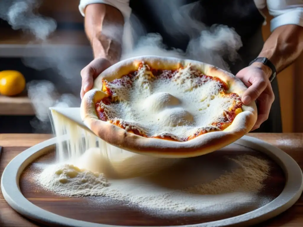 Un pizzaiolo italiano experto estirando masa en el aire, resaltando movimientos y destreza