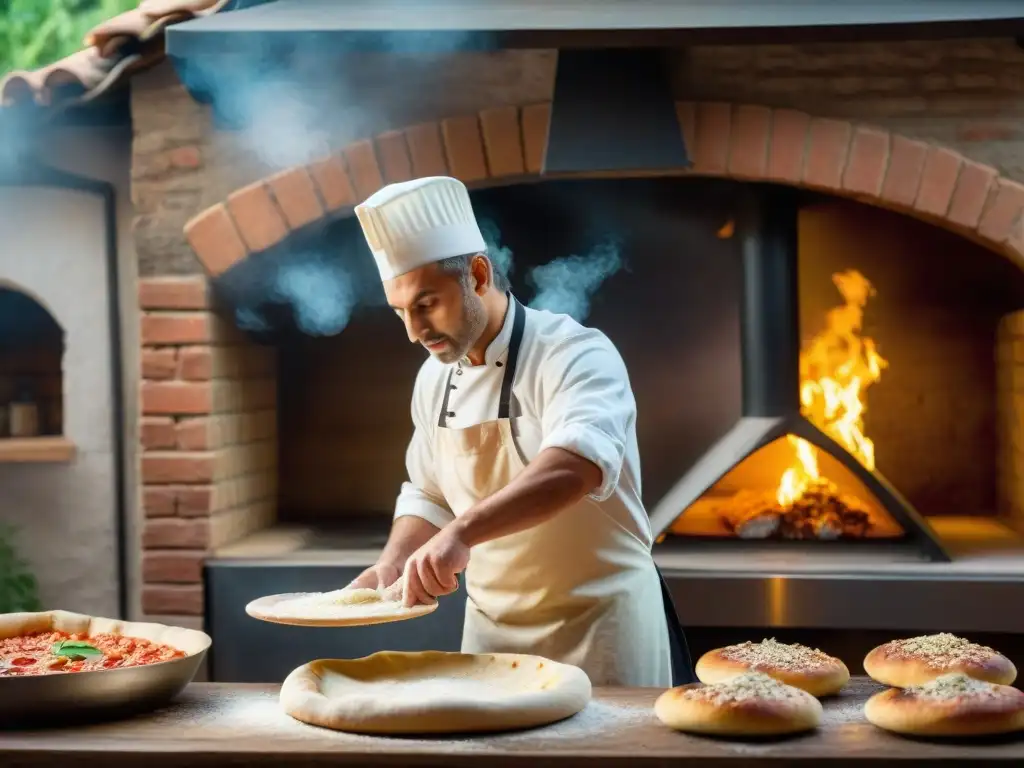 Un pizzaiolo italiano experto en una pizzería, lanzando masa con destreza frente al horno de leña