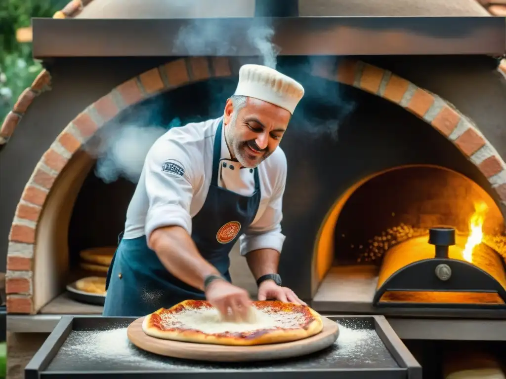 Un pizzaiolo italiano tradicional experto en acción frente a un horno de leña, reflejando las tendencias pizza italiana 2021