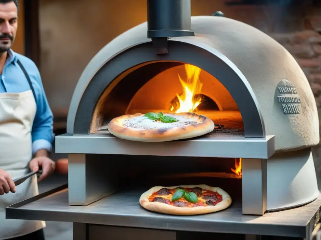 Un pizzaiolo en Nápoles estira masa para pizza napolitana frente a horno de leña