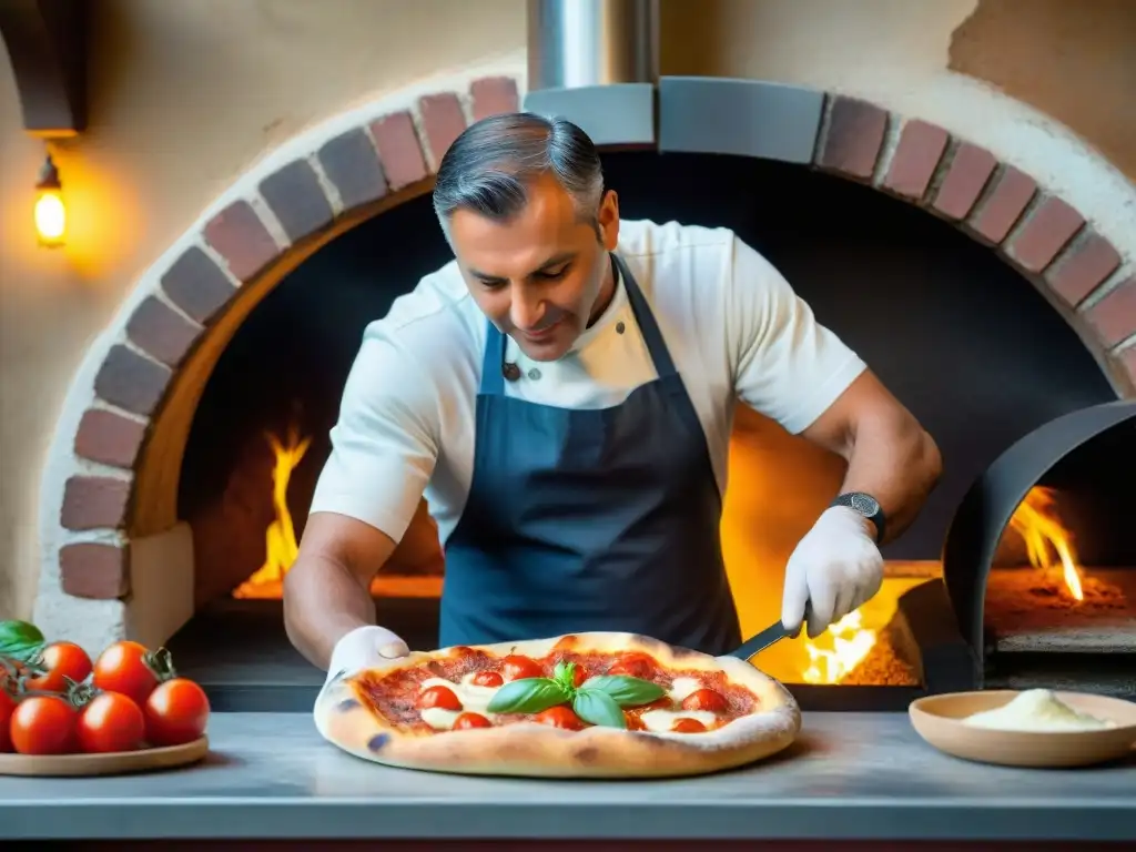 Un pizzaiolo napolitano preparando una auténtica pizza Margherita en una bulliciosa pizzería de Nápoles