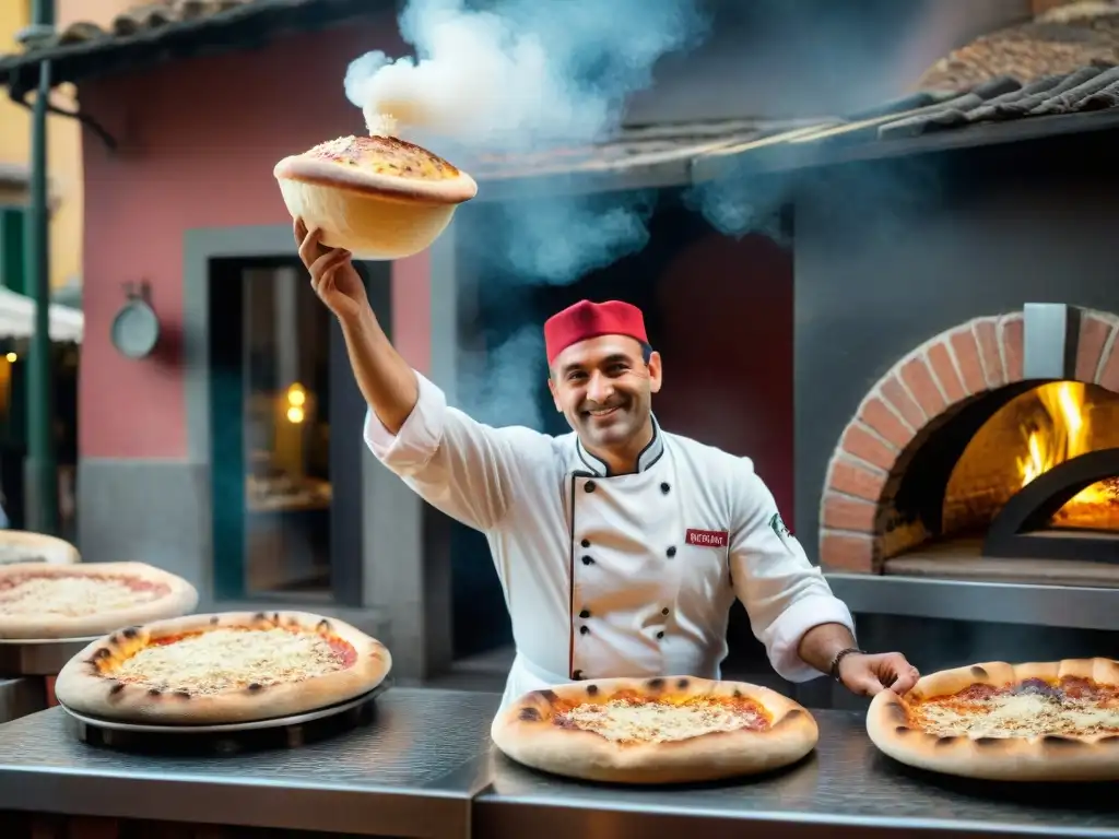 Un pizzaiolo napolitano experto moldea masa mientras clientes y chefs observan con admiración en histórica pizzería