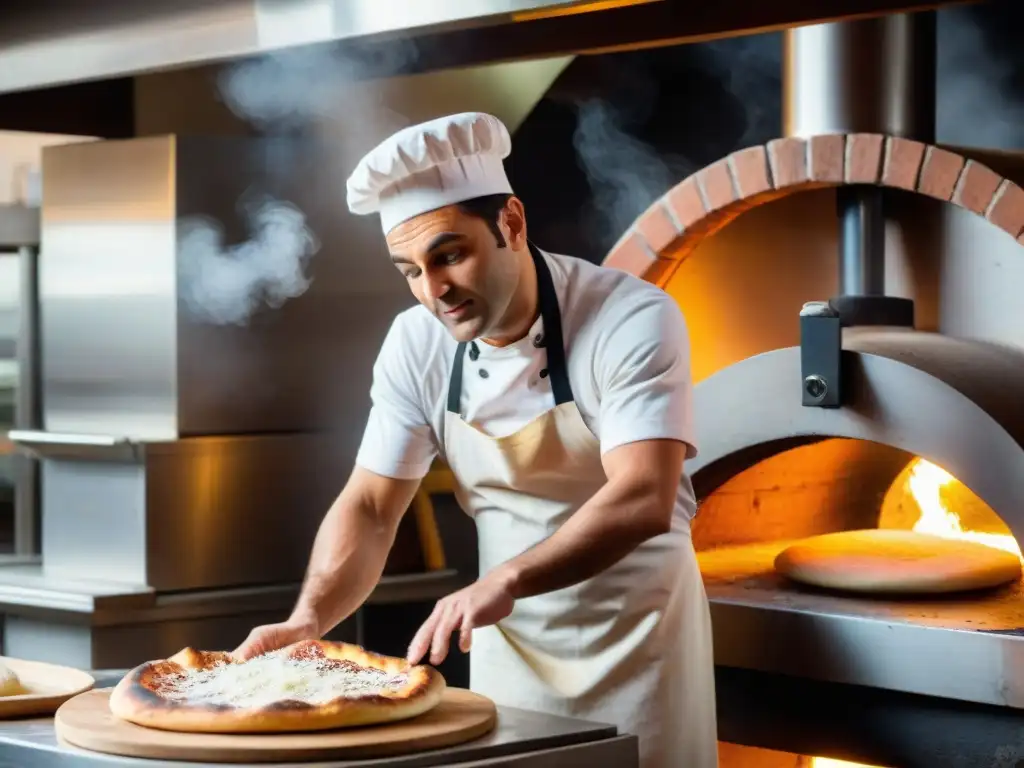 Un pizzaiolo napolitano experto en acción, creando pizza frita con pasión en una cocina tradicional