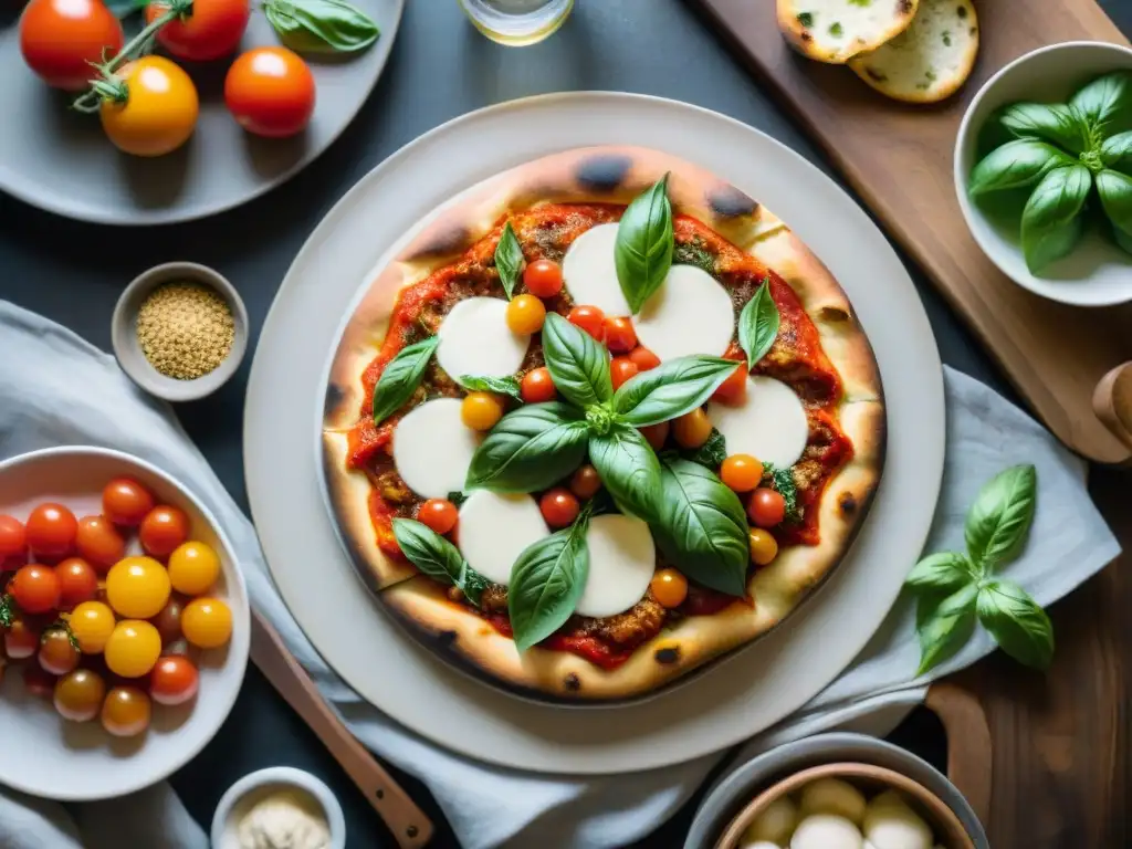 Pizzas veganas recetas tradicionales: Escena vibrante en pizzería italiana con pizza Margherita vegana y chefs expertos en acción