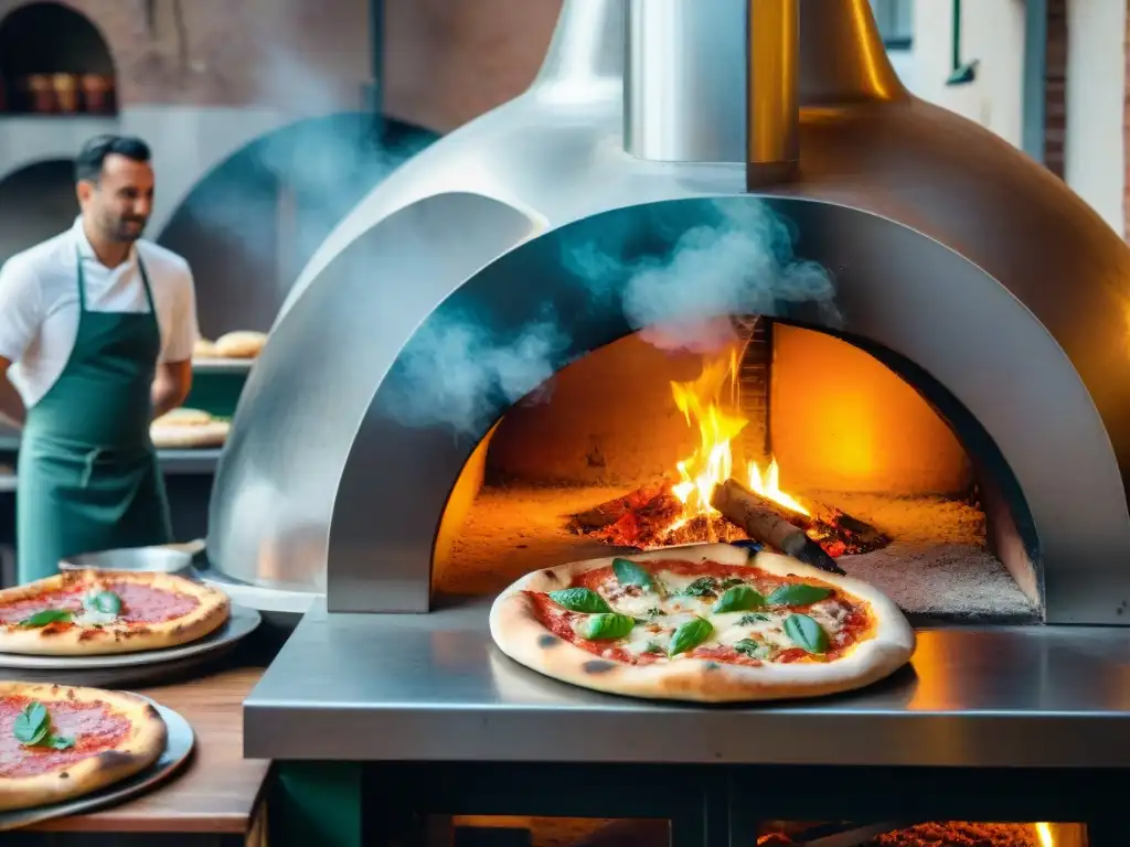 Una pizzería bulliciosa en Nápoles, Italia, con chefs expertos lanzando masa al aire y clientes esperando saborear auténticas pizzas napolitanas