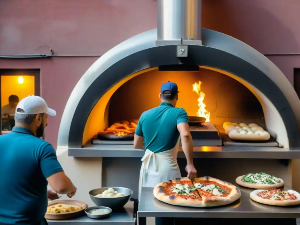 Una pizzería bulliciosa en Nápoles, Italia, donde chefs lanzan la masa al aire y se disfruta pizza napolitana