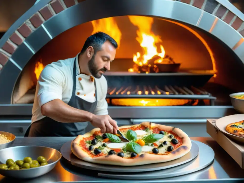 Pizzería bulliciosa con pizzas creativas arte culinario: chefs trabajando en armonía y pizzaiolo decorando una pizza