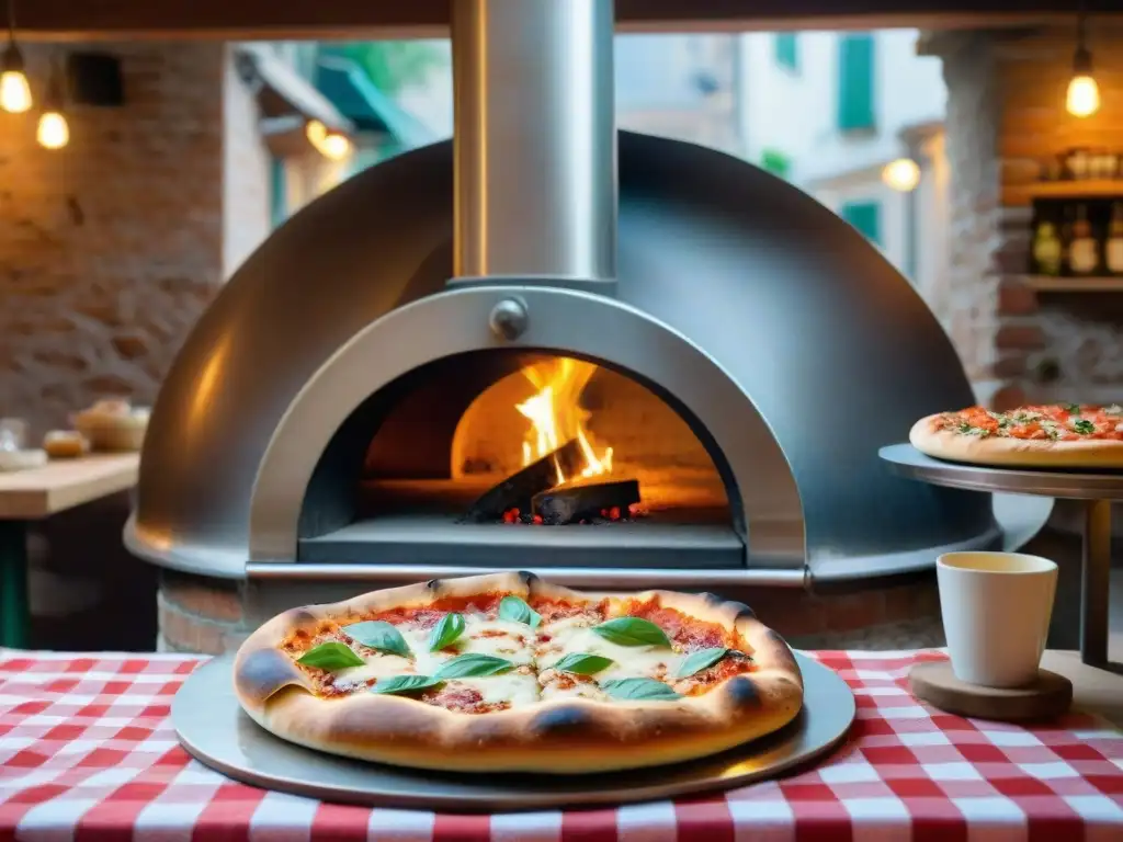 Una pizzería italiana bulliciosa con horno de leña tradicional y pizzaiolo lanzando masa