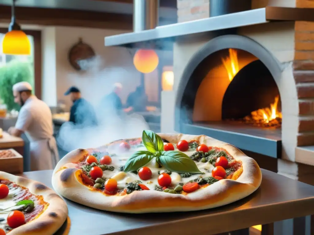 Una pizzería italiana tradicional llena de vida con chefs lanzando masa de pizza vegana sin gluten al aire, horno de leña brillante al fondo