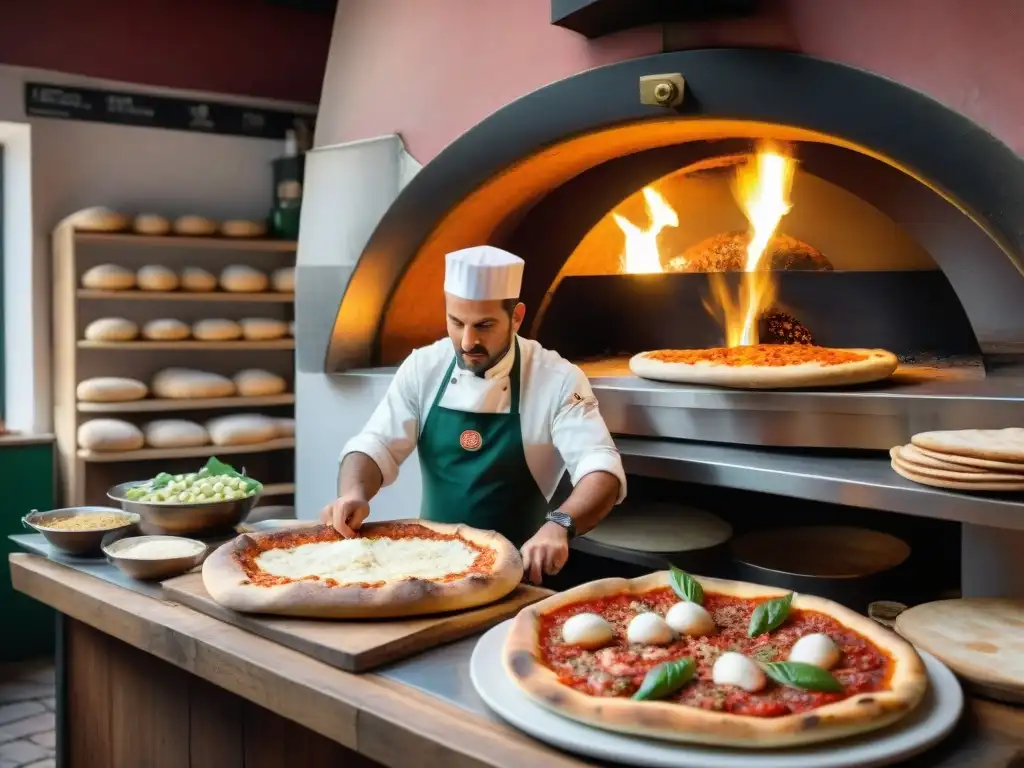 Pizzería Napolitana tradicional en Italia: escena bulliciosa con un pizzaiolo experto lanzando masa, ingredientes frescos y horno de leña